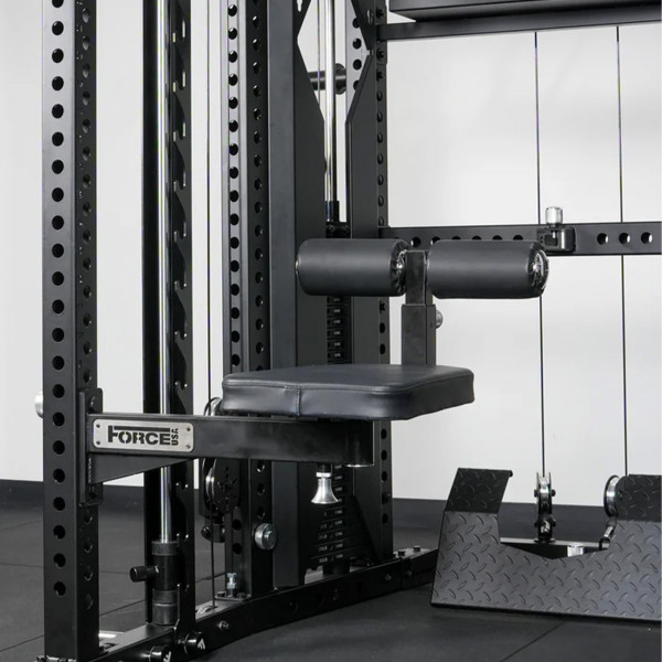 Side view of the Force USA Swivel Seat mounted on rack