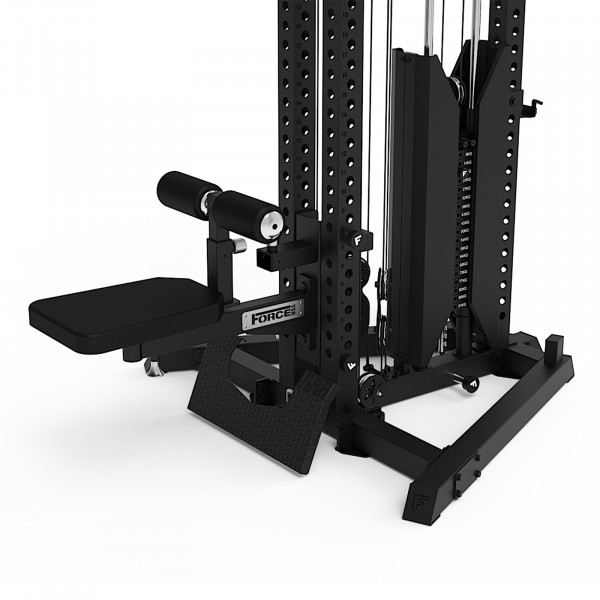 Top-angled view of the Force USA Swivel Seat mounted on rack