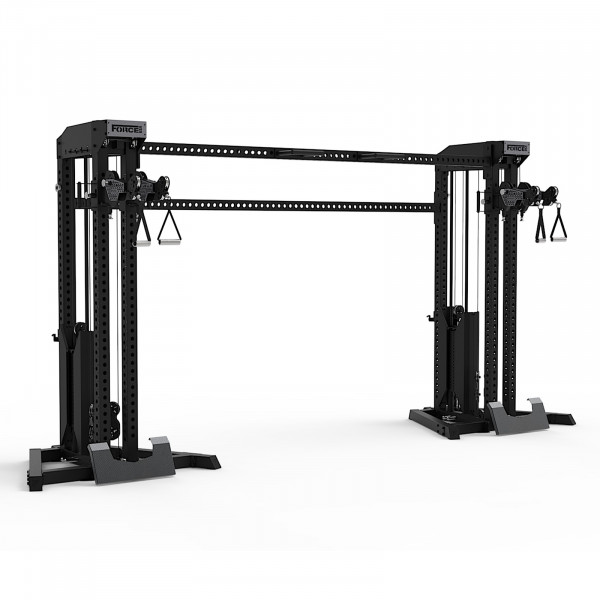 Front-left view of the Force USA Tandem Tower Crossbeam connecting two cable machines