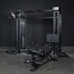 Front-right view of the Force USA Tandem Tower Crossbeam connecting two cable machines