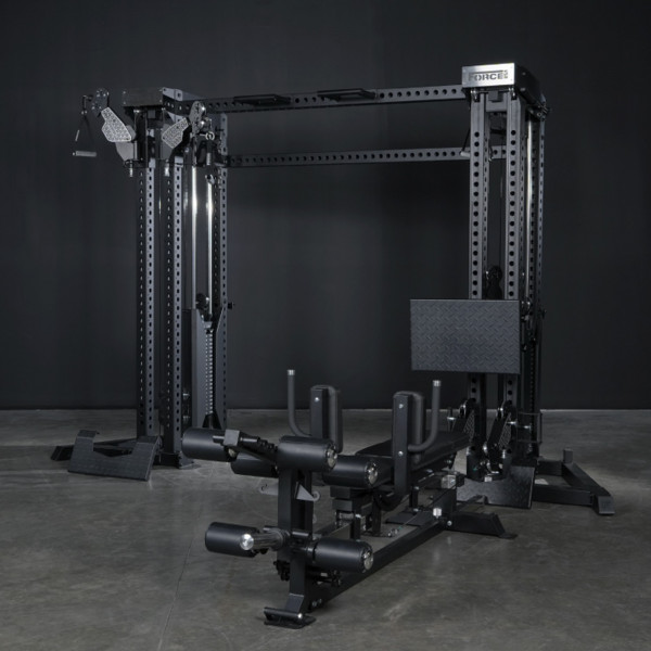 Front-right view of the Force USA Tandem Tower Crossbeam connecting two cable machines