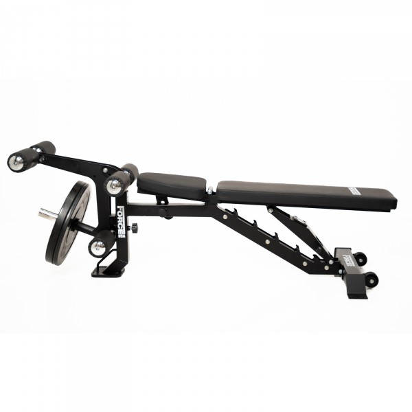 The MyBench V2 set up as a flat bench holding a weight plate