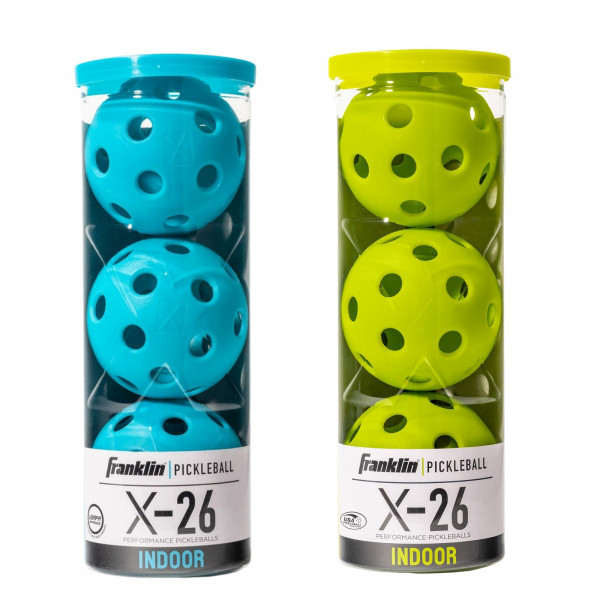 Retail packaging of Franklin X-26 Indoor Pickleball balls, pack of 3 – blue and lime-green