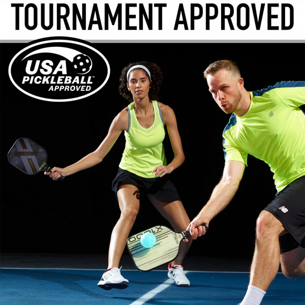 Two people playing pickleball with blue Franklin X-26 ball and USA Pickleball approval