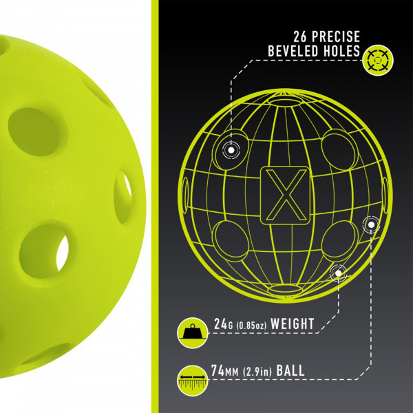 Indoor pickleball design with 26 beveled holes and ball specifications – lime-green