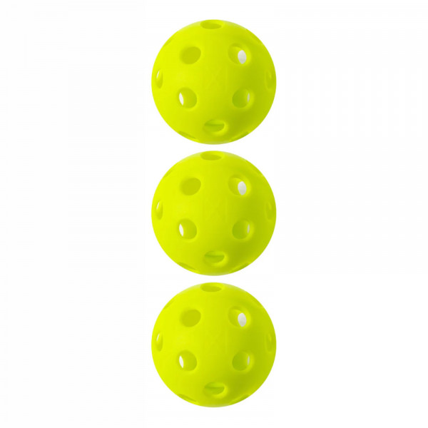 Front view of three lime-green Franklin X-26 indoor pickleball balls
