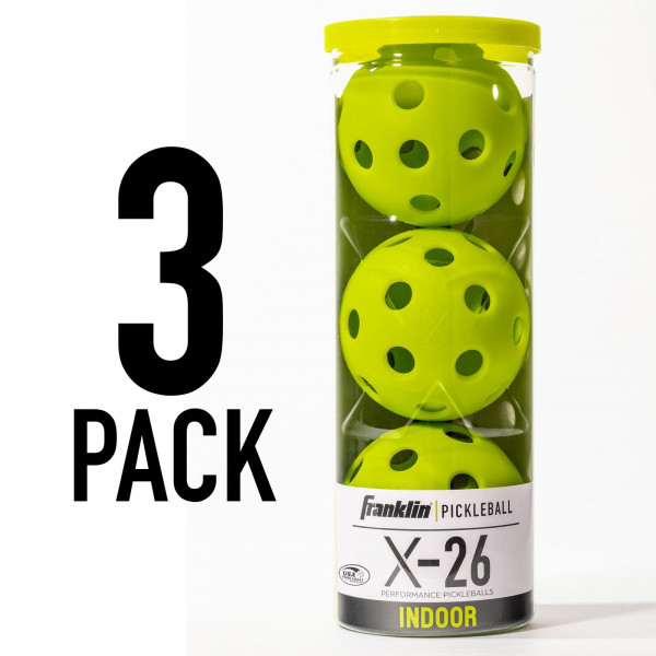 Front view of the lime-green Franklin X-26 Indoor Pickleball balls, pack of 3