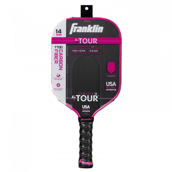 Pink Franklin FS Tour Dynasty pickleball paddle in retail packaging, 14 mm