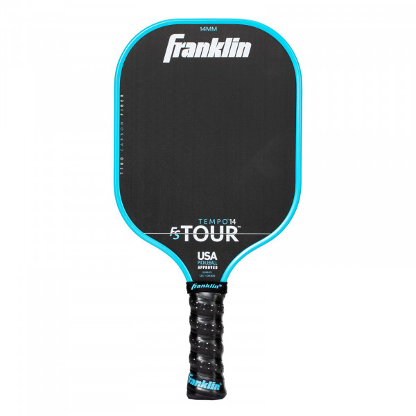 Front view of blue Franklin FS Tour Tempo pickleball paddle, 14 mm
