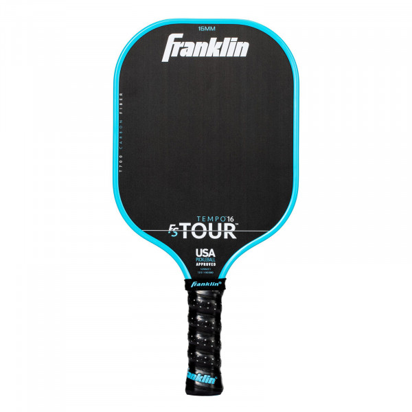 Front view of blue Franklin FS Tour Tempo pickleball paddle, 16 mm
