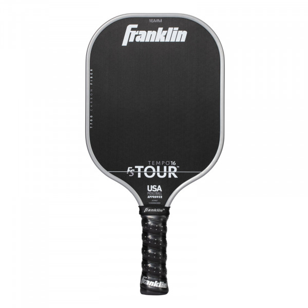 Front view of grey Franklin FS Tour Tempo pickleball paddle, 16 mm