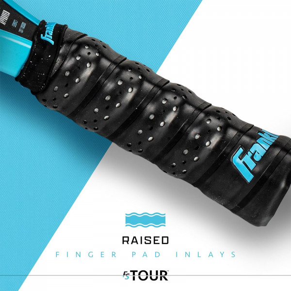Close-up of Franklin FS Tour Tempo pickleball paddle handle with raised finger pad inlays