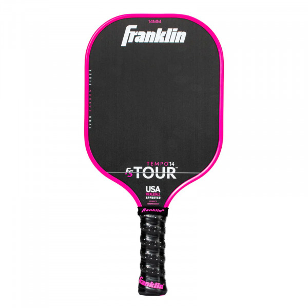Front view of pink Franklin FS Tour Tempo pickleball paddle, 14 mm