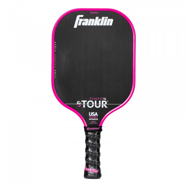 Front view of pink Franklin FS Tour Tempo pickleball paddle, 16 mm
