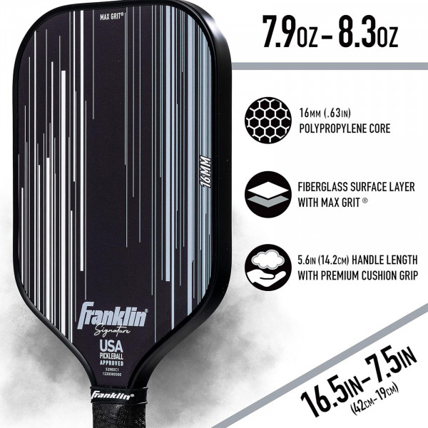 Franklin Signature Pro Series pickleball paddle, black, 16 mm specifications detail