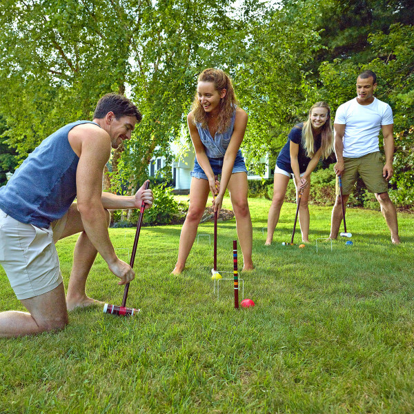 Backyard croquet game in play