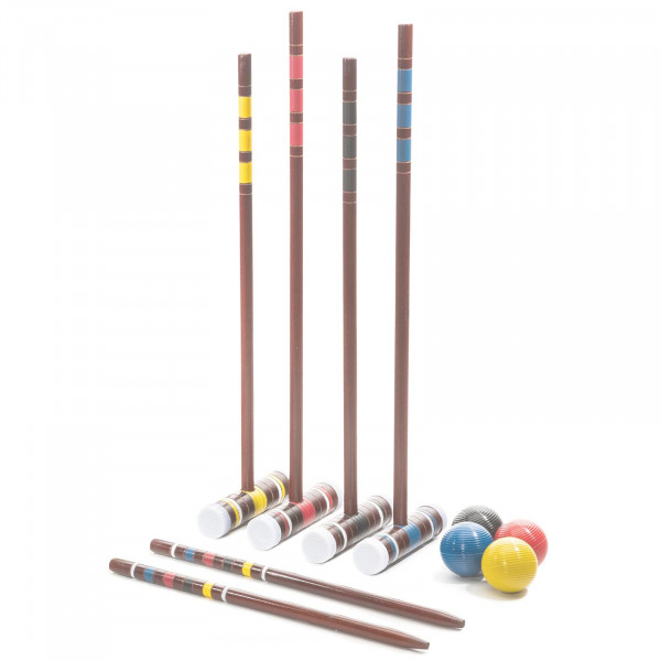 Four wooden croquet mallets with coloured stripes