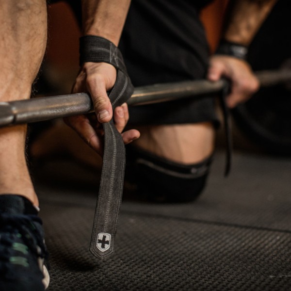 Harbinger Leather Lifting Straps length man lifting barbell