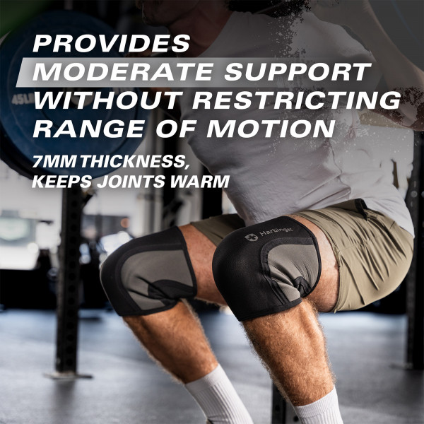 An infographic for the Harbinger Pro 7mm Knee Sleeves which reads: "Provides moderate support without restricting range of motion." with a subtext reading: "7mm thickness keeps joints warm".