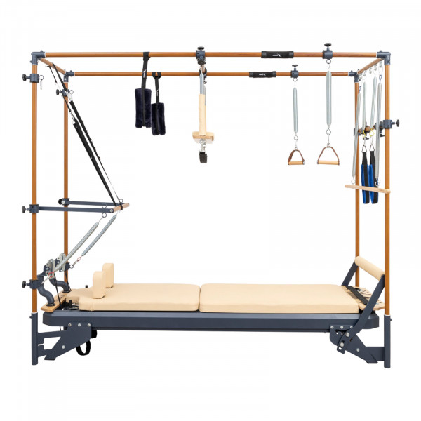 Side view of the HEGREN TALMA 62CR Cadillac Reformer - Dark Blue Frame/Beige Upholstery