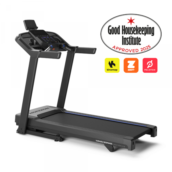A product image of the Horizon 5.0AT Treadmill. There is a Good Housekeeping Institute - Approved award sticker on this image, as well as icons for Kinomap, Peloton and Zwift compatibility. 