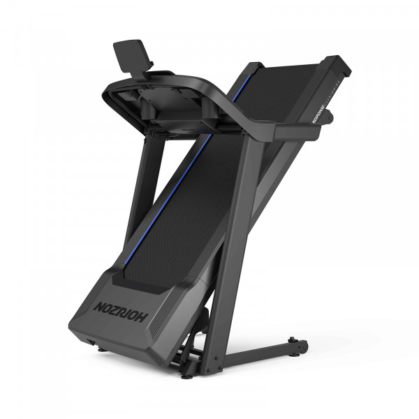 Product image of the Horizon 5.0AT Treadmill. The image features a white background product shot of the treadmill folded. 