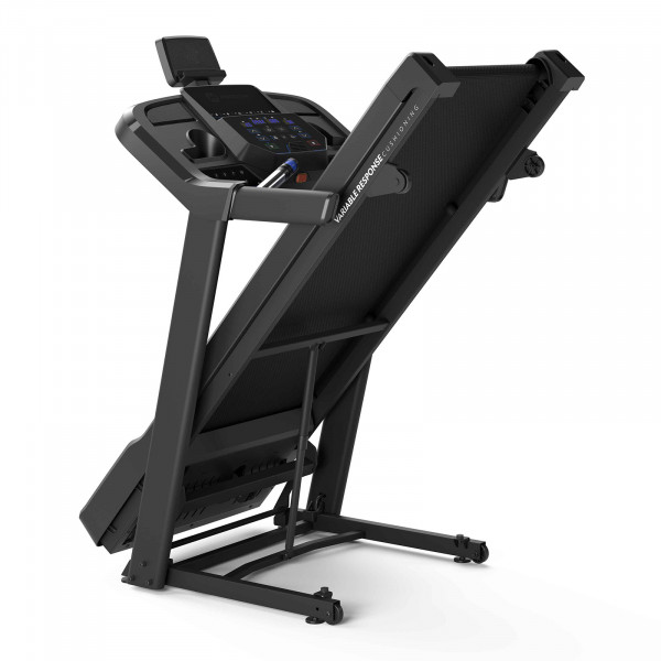 Product image of the Horizon 5.0AT Treadmill. The image features a white background product shot of the treadmill folded from the back view.
