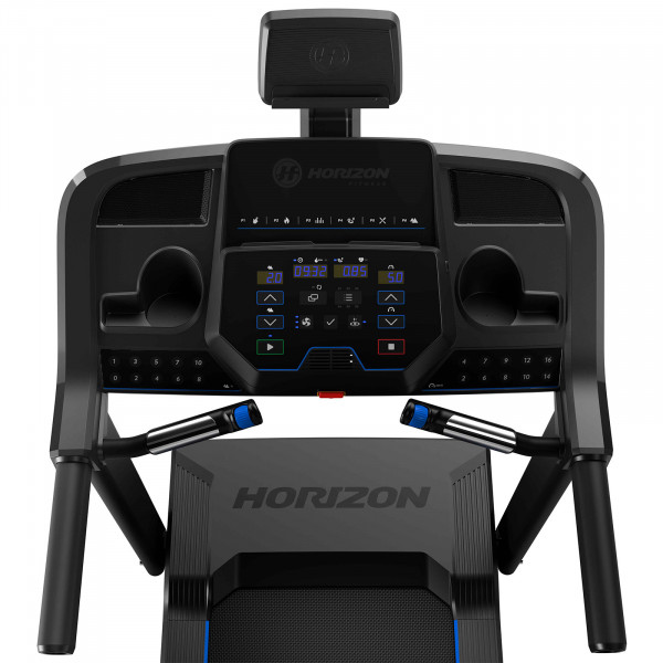 A product image of the Horizon 5.0AT Treadmill console.