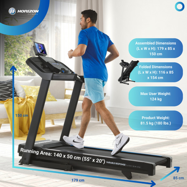 A lifestyle infographic showing four info-blocks. They read: "Assembled Dimensions (L x W x H): 179 x 85 x 150 cm", "Folded Dimensions (L x W x H): 116 x 85 x 154 cm", "Max User Weight: 124 kg" and "Product Weight: 81.5 kg (180 lbs.). The infographic also shows the running area dimensions as: 140 x 50 cm (55" x 20").