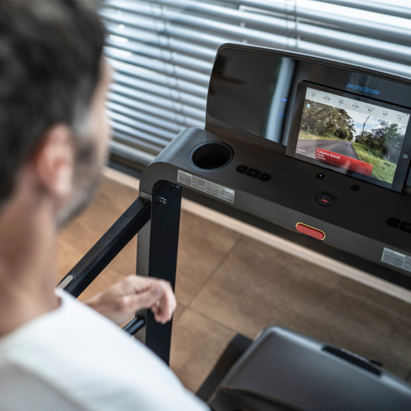 Close-up of the console display on the Horizon Omega Z-02 Treadmill.