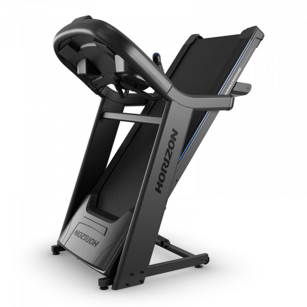 Folded front-angled view of the Horizon 7.4AT-24 Treadmill