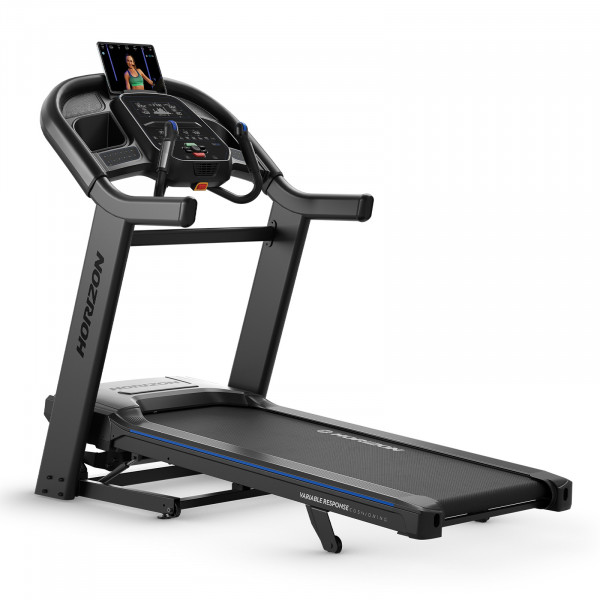 Horizon 7.4AT-24 Treadmill inclined with tablet on display