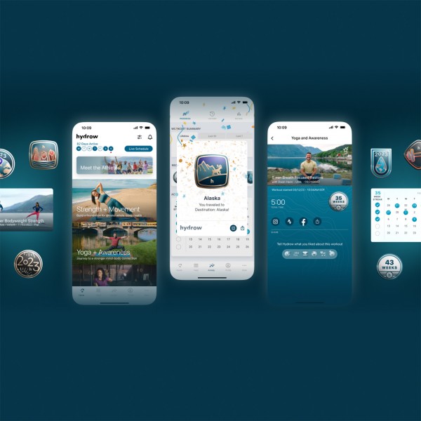 Screenshots of the Hydrow app interface.