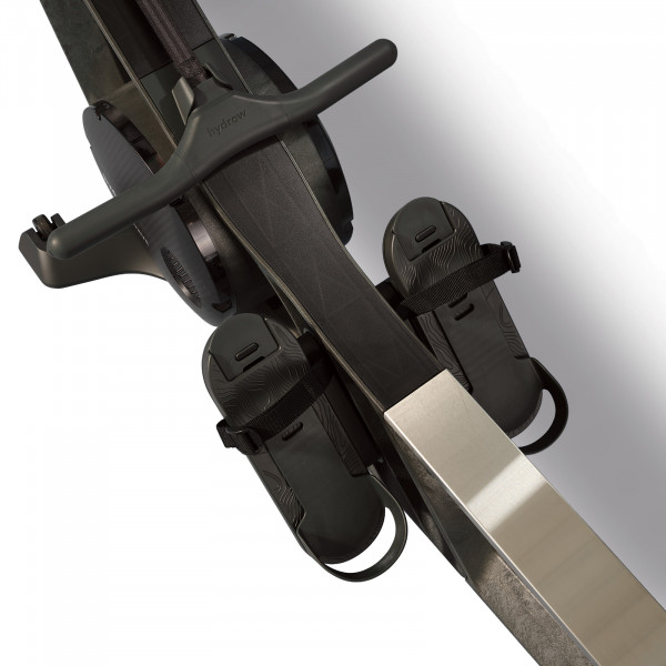 Close-up of the handle and footbeds on the Hydrow Wave Rower