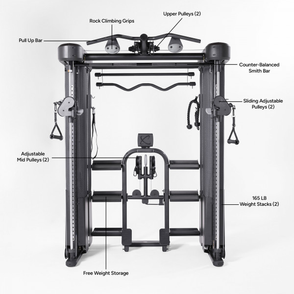 Labeled features of the Inspire Fitness FT2 PRO Functional Trainer, with measurements highlighted.