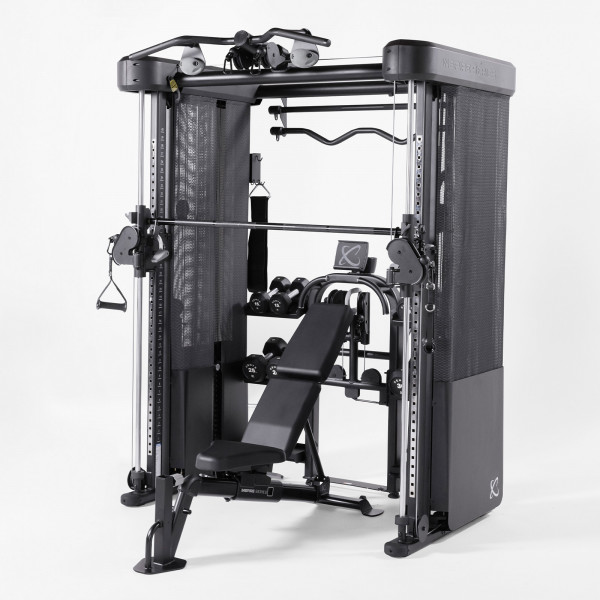Inspire Fitness FT2 PRO Functional Trainer Package angled view with included attachments and bench.