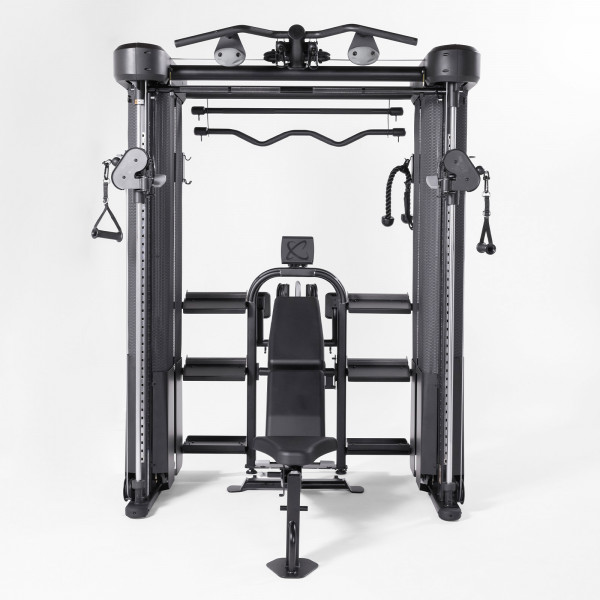 Inspire Fitness FT2 PRO Functional Trainer Package front view with included attachments and bench.