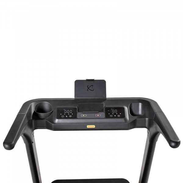 Close-up of the Inspire Fitness Series T4 Treadmill console and tablet holder