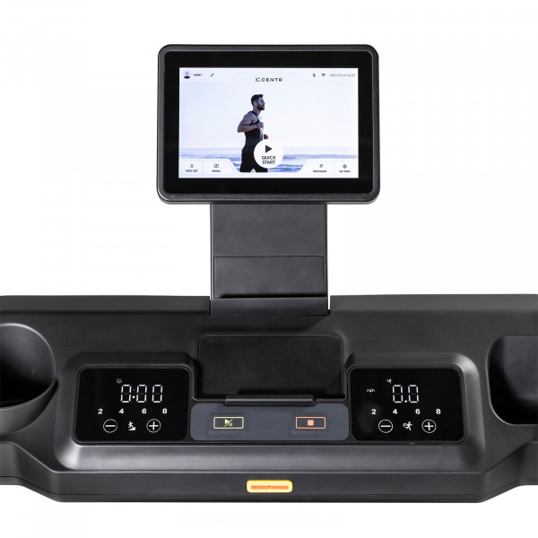 Close-up of the Inspire Fitness Series T4S Treadmill quick controls and phone slot