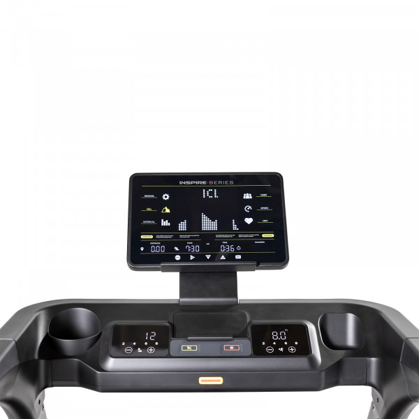 Close-up of the Inspire Fitness Series T5 Treadmill console and tablet holder