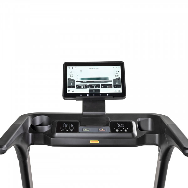 Close-up of the Inspire Fitness Series T5S Treadmill console and tablet holder