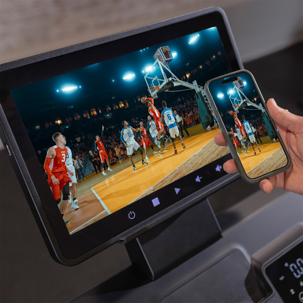 Smartphone screen mirrored to the Inspire Fitness Series T5S Treadmill console