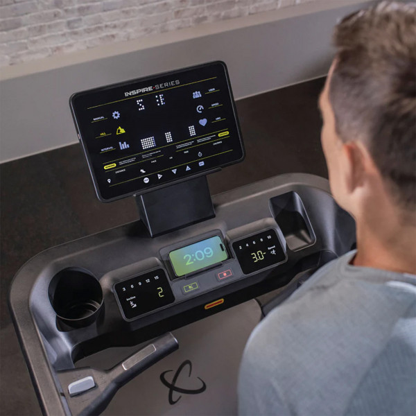 Overhead view of the Inspire Fitness Series T7 Treadmill console in use