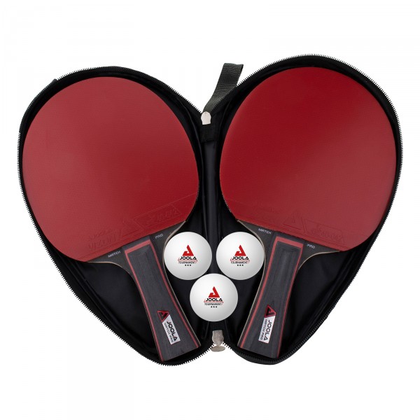 Joola Duo Pro Table Tennis Set - packed view displaying two bats and three training balls stored in a carry bag