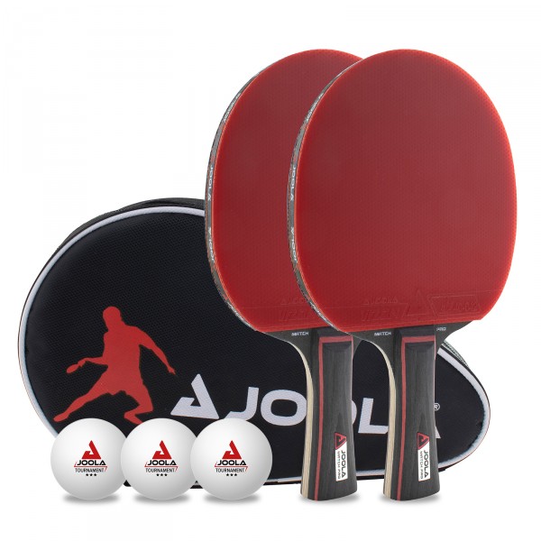 Joola Duo Pro Table Tennis Set - unpacked view showcasing two bats, three training balls, and a carry bag