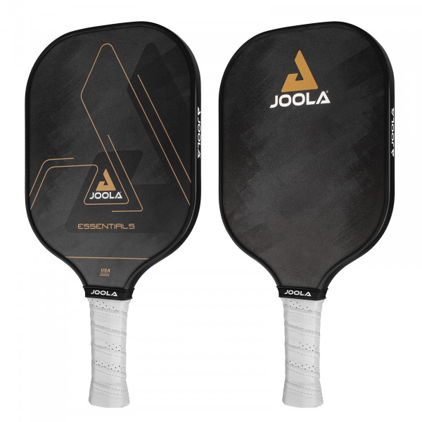 Angled view of JOOLA Essentials Pickleball Paddle in black, showing front and back side.