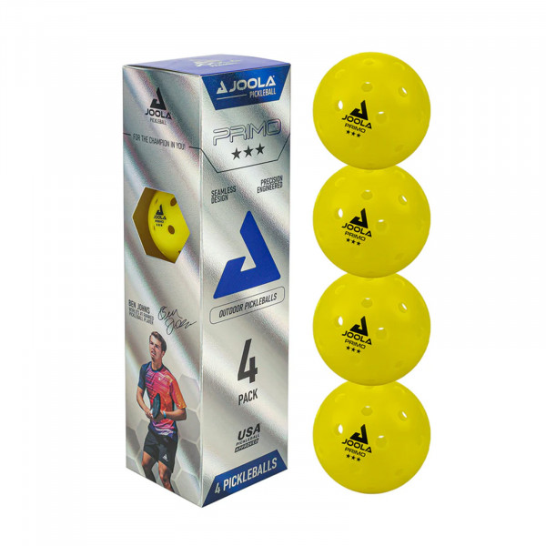 Front view of the 4-pack JOOLA Primo Pickleballs with package box.