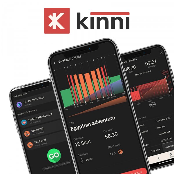 Screenshots of the Kinni app showcasing its various features and workout options.