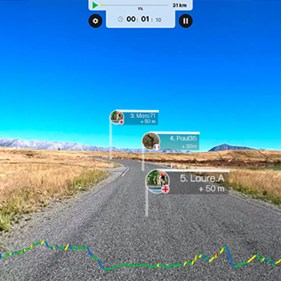 Kinomap multiplayer cycling session showing other participants on a virtual road route 