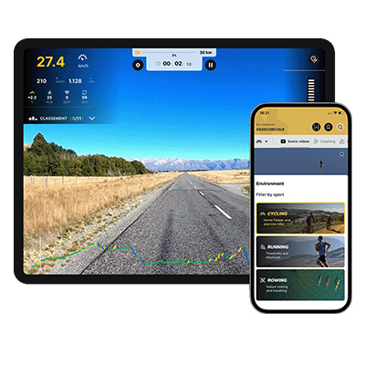 Kinomap virtual training routes displayed on a tablet, with cycling, running and rowing options on the mobile app 